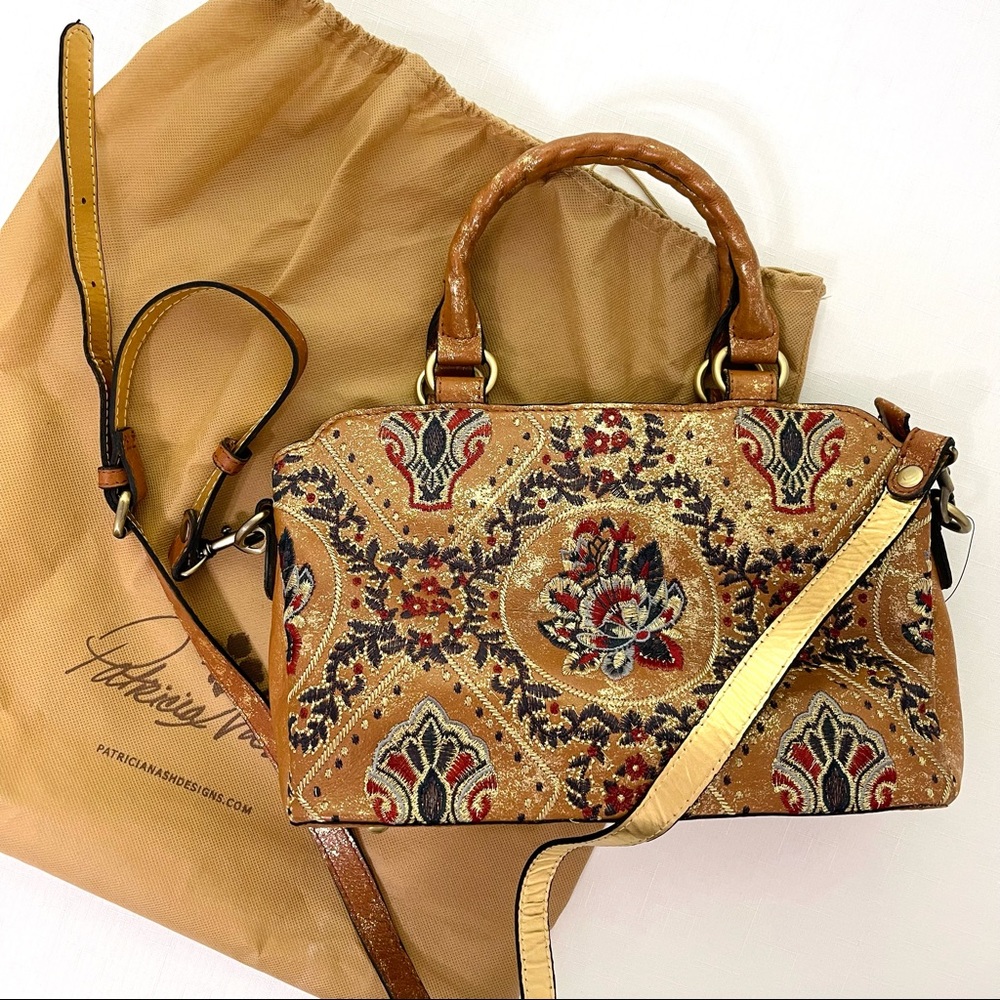 PATRICIA NASH crossbody tote Provincial Embroidery Collection ANGELIN Tan Gold